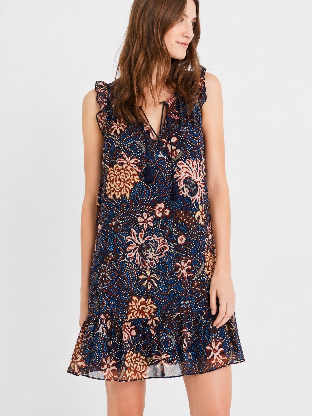 Madewell Lily Ruffle Dress in Sea Floral Multi Chrysanthemum Sz. MEDIUM